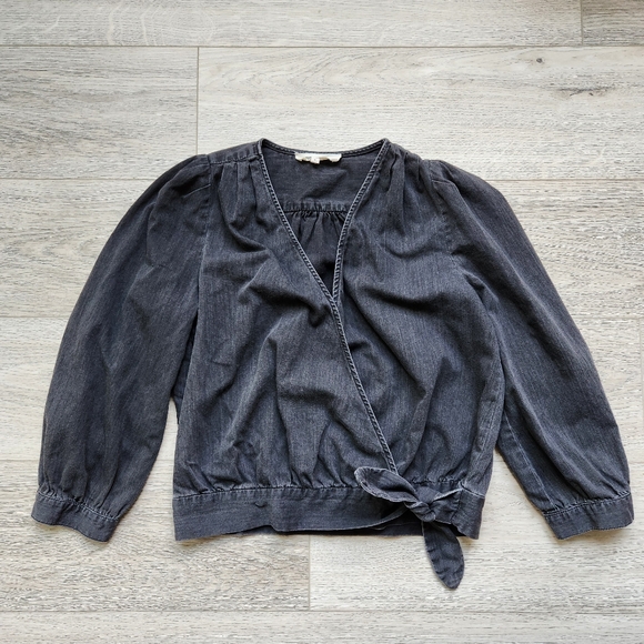 Madewell Black Denim Wrap Blouse Womens Small Tie Waist Cotton Casual - Picture 1 of 12